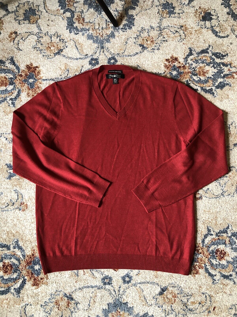 Pronto Uomo Mens XL Sweater 100% Merino Wool V-Neck Extra Fine Red Layering